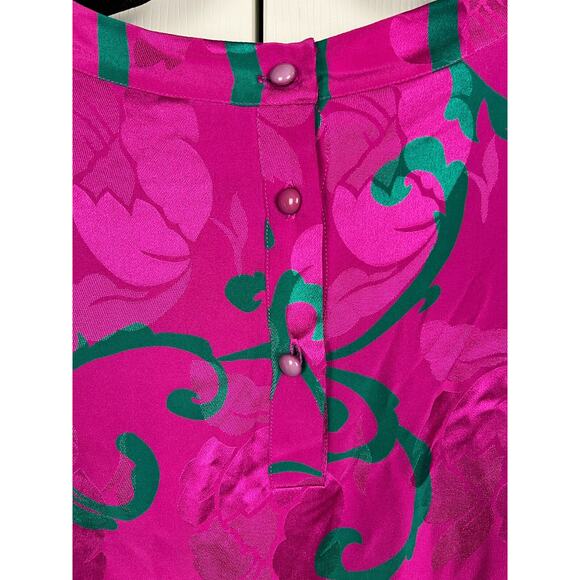 Vintage 80s John Yang Pink Silk Satin Floral Long Sleeve Shift Mini Dress Size 4 - Picture 4 of 7